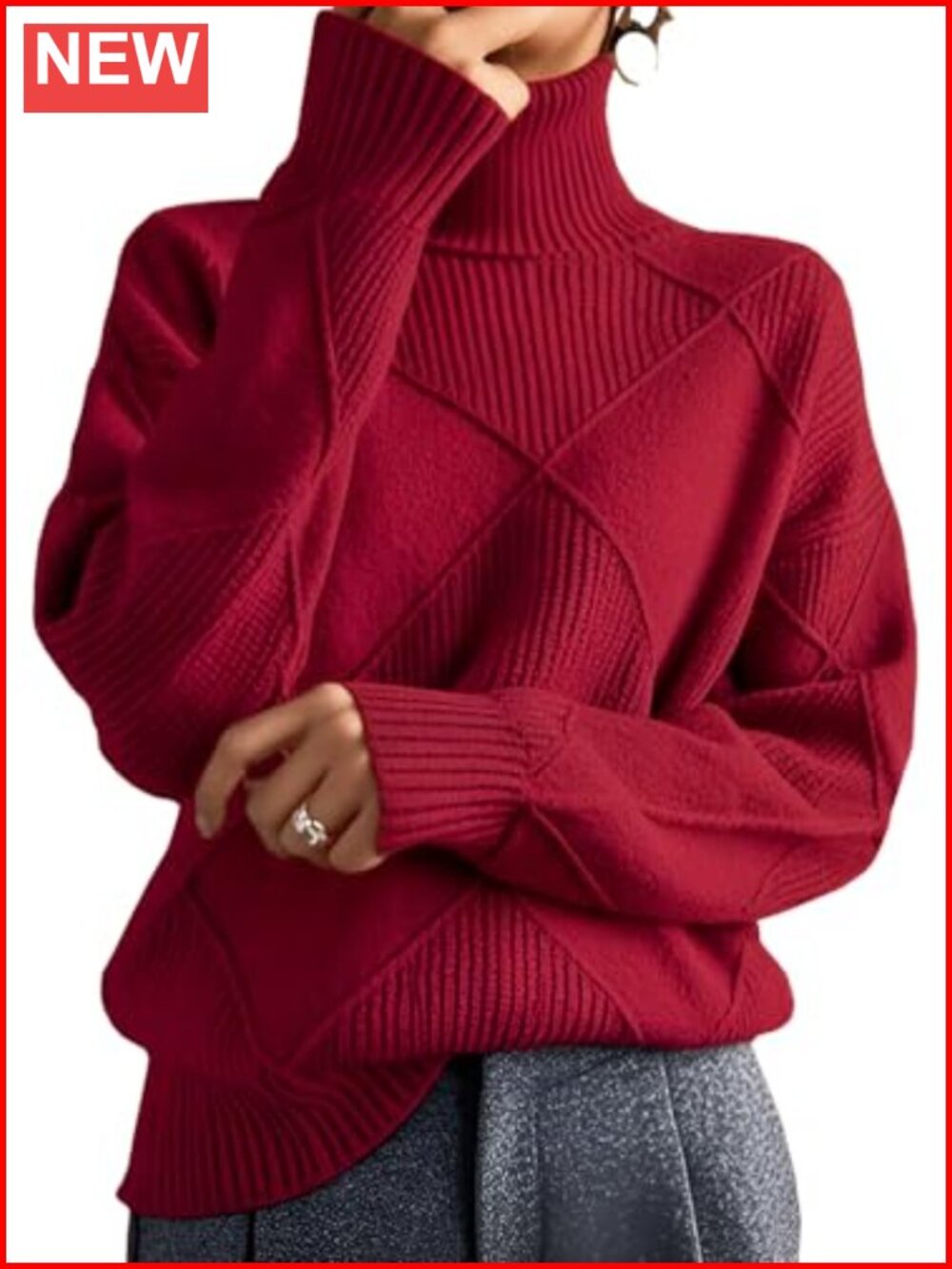 Cable Knit Turtleneck Pullover Sweater Oversized Cozy Fall Winter Work